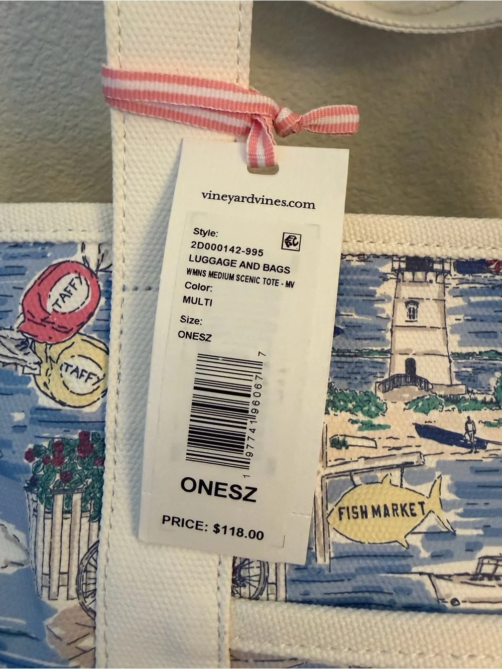 Vineyard Vines Blue Coastal Scene Canvas Tote with White Trim - Picture 2 of 7